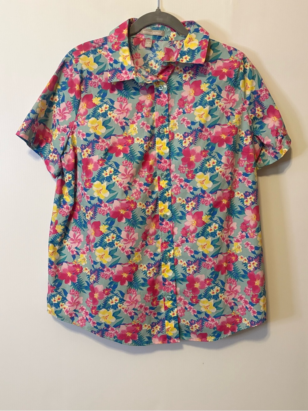 Woman Within Floral Short-Sleeve Button-Down in Teal, Pink & Yellow